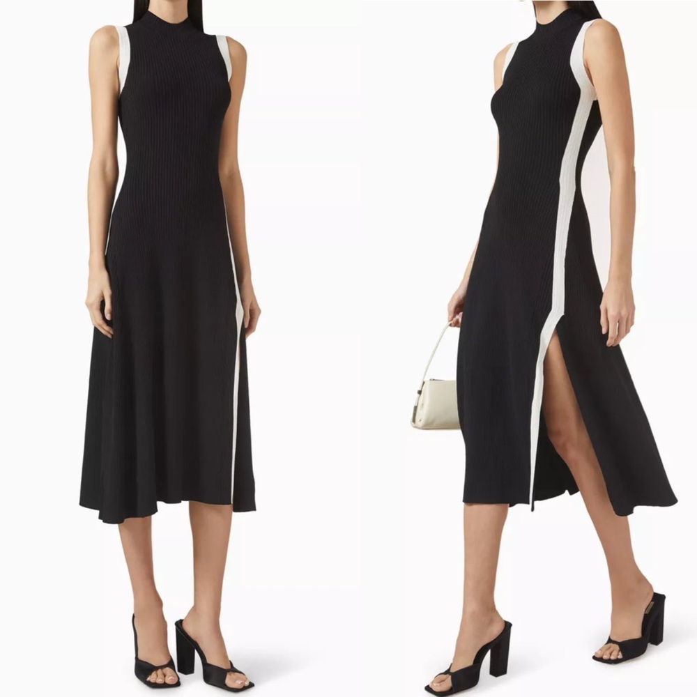 MAJE Contrast-trim Flared Stretch-knit Dress In Black- size medium like new